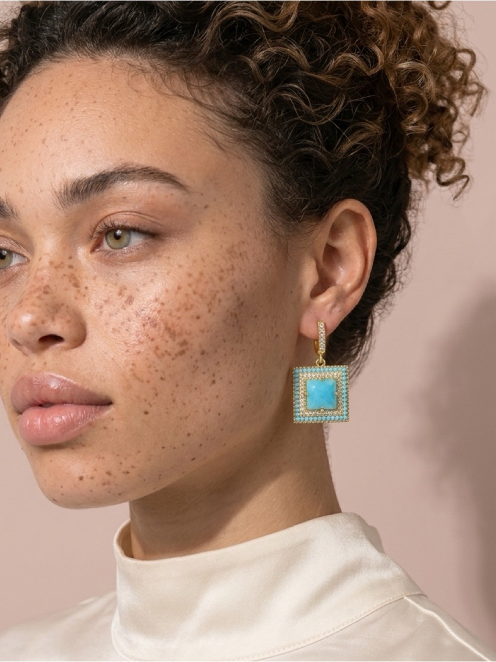 Gold Turquoise Square Drop Earrings